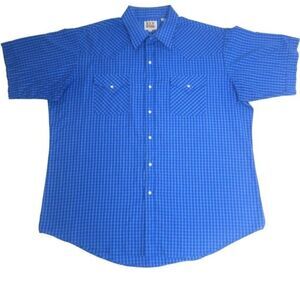 Ely Cattleman- Western Cowboy Men's Blue Plaid Short Sleeve Snap Up Size XL